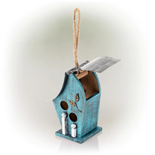 Load image into Gallery viewer, 12 in. Tall Outdoor Hanging Wood and Metal Birdhouse, Blue
