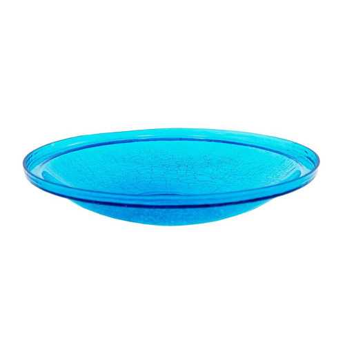 14 in. Dia Teal Blue Reflective Crackle Glass Birdbath Bowl